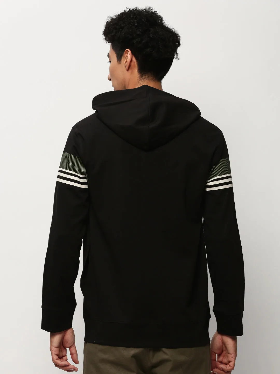 Men Black Striped Hooded Cotton Sweatshirt