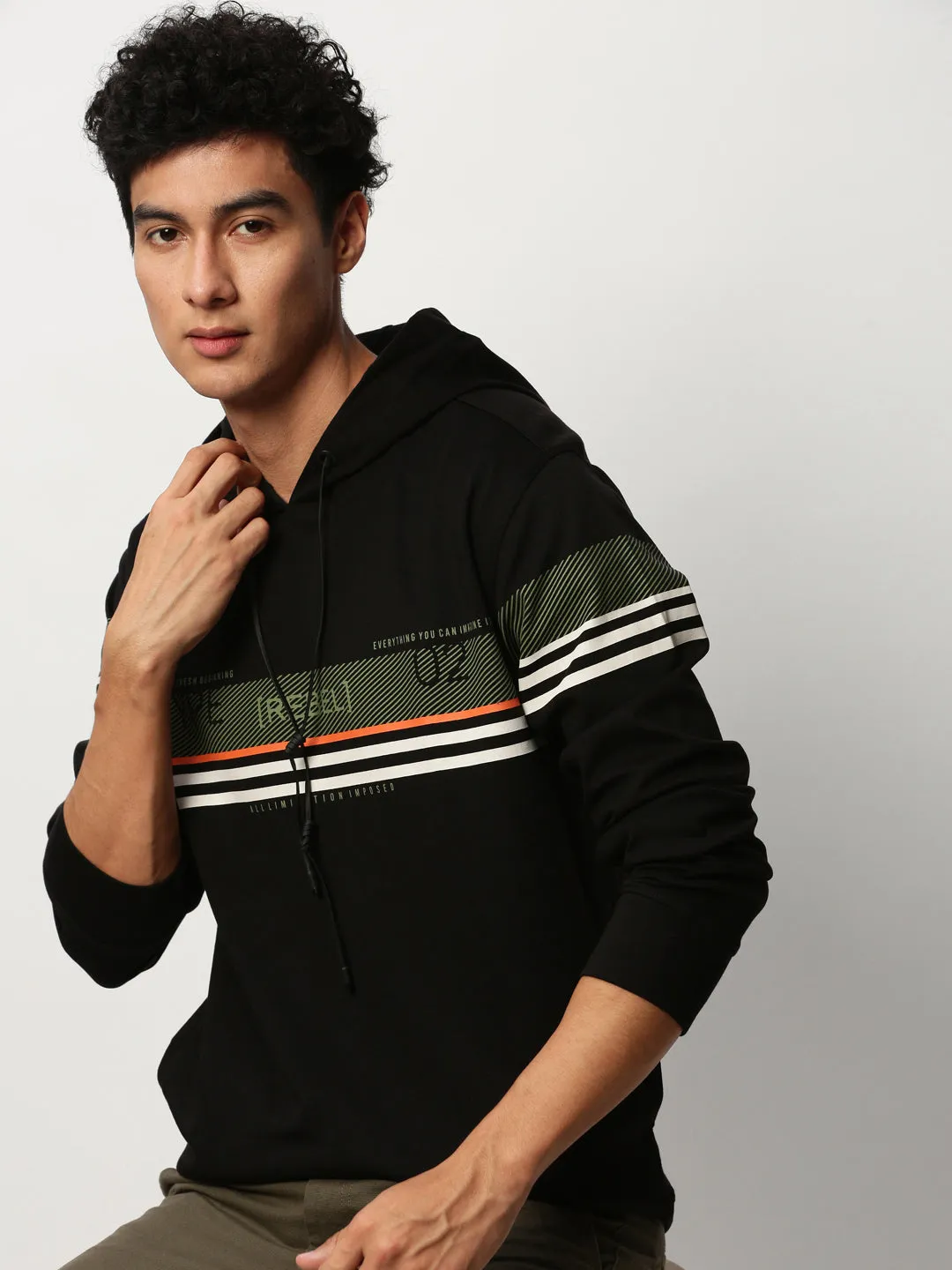 Men Black Striped Hooded Cotton Sweatshirt