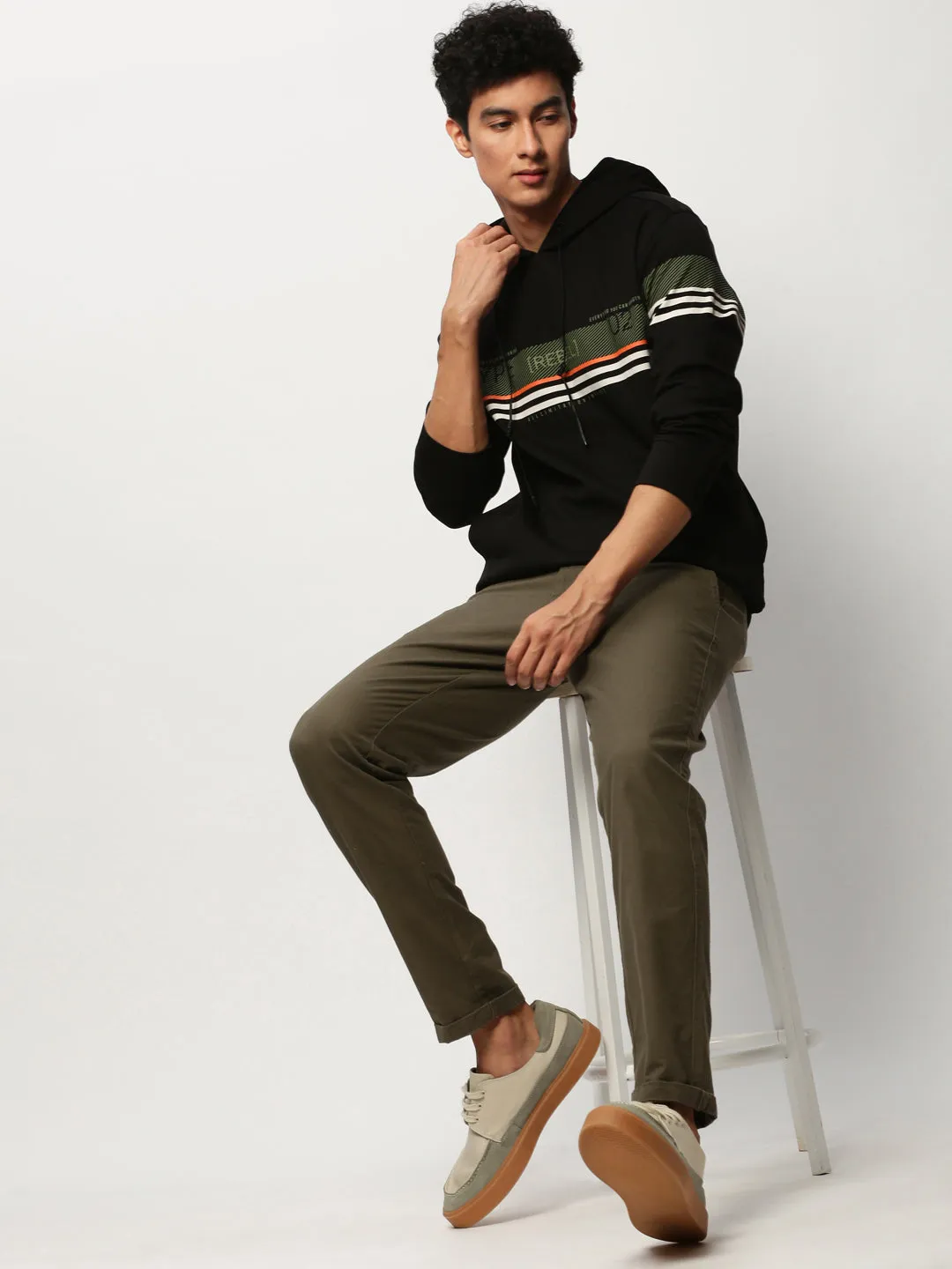Men Black Striped Hooded Cotton Sweatshirt
