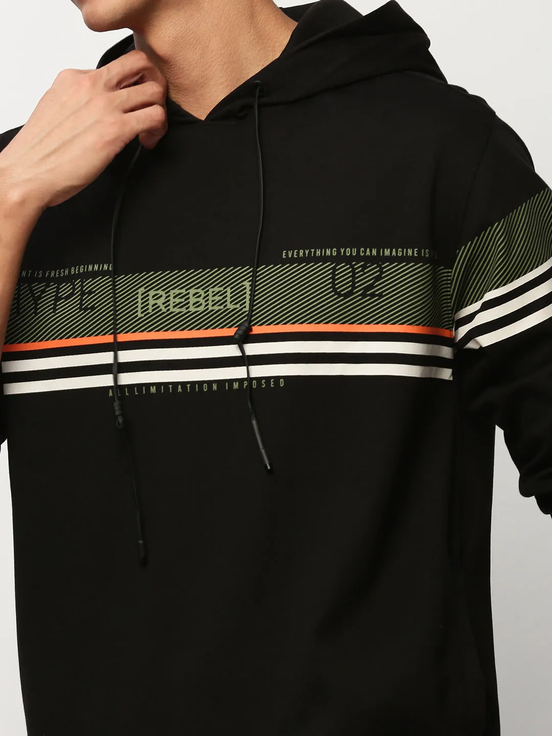 Men Black Striped Hooded Cotton Sweatshirt
