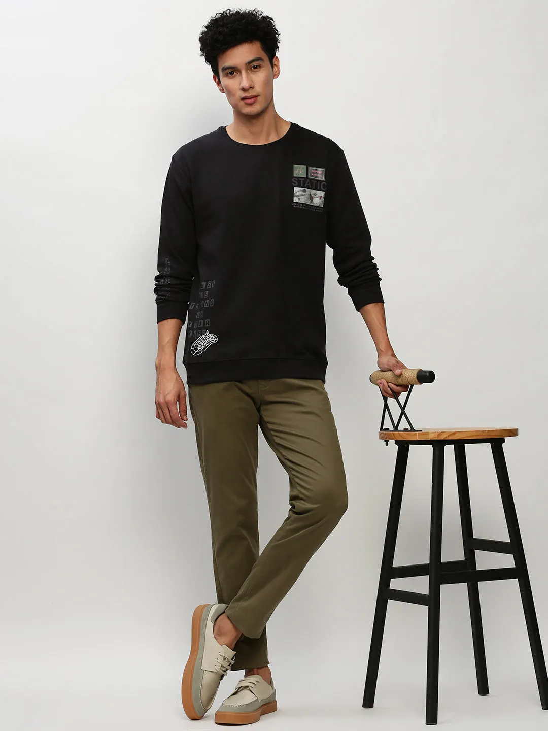 Men Black Typography Printed Pullover Cotton Sweatshirt