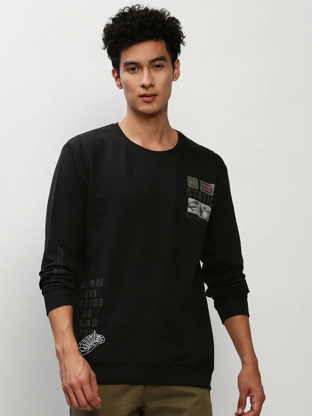 Men Black Typography Printed Pullover Cotton Sweatshirt