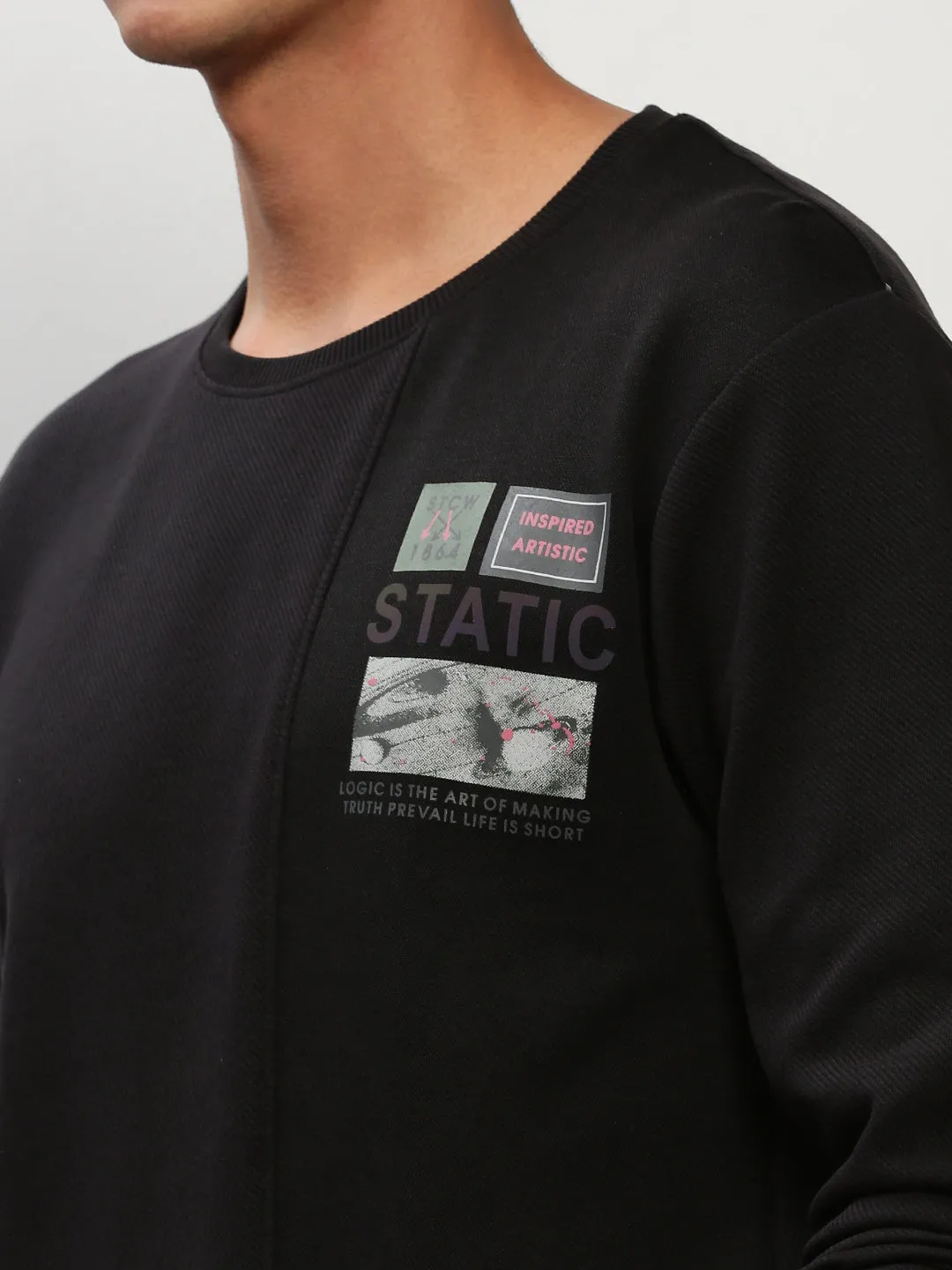 Men Black Typography Printed Pullover Cotton Sweatshirt