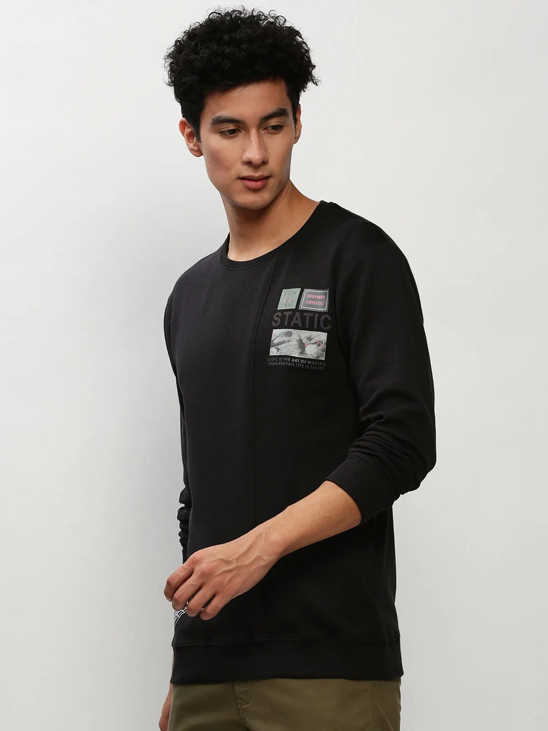 Men Black Typography Printed Pullover Cotton Sweatshirt