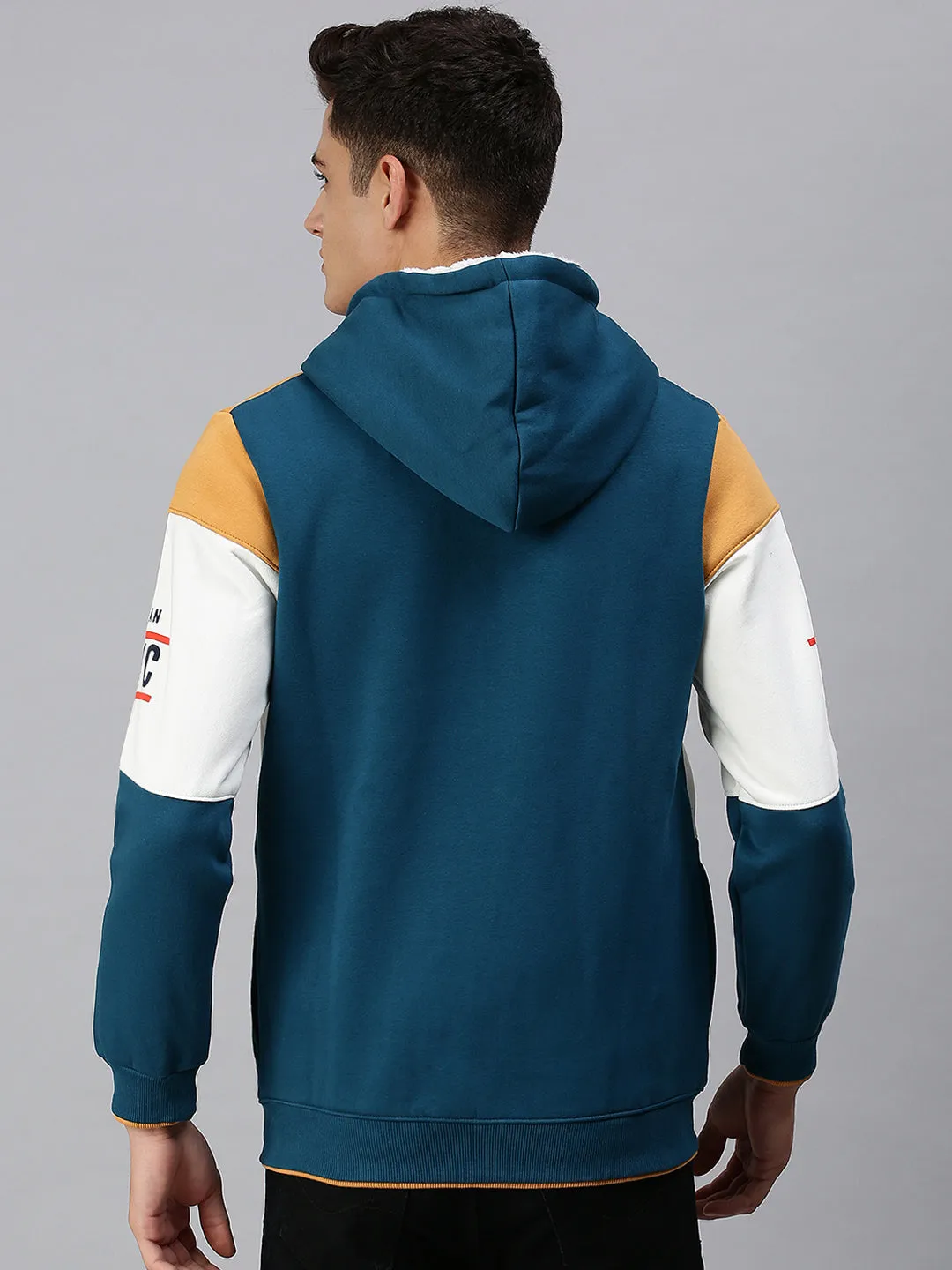 Men Blue Colourblocked Hooded Sweatshirt