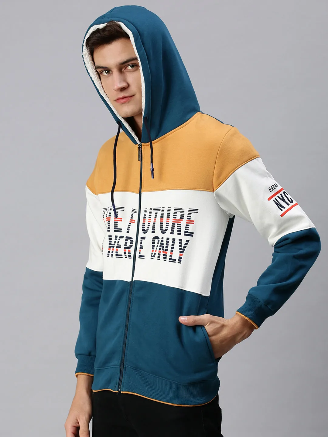 Men Blue Colourblocked Hooded Sweatshirt