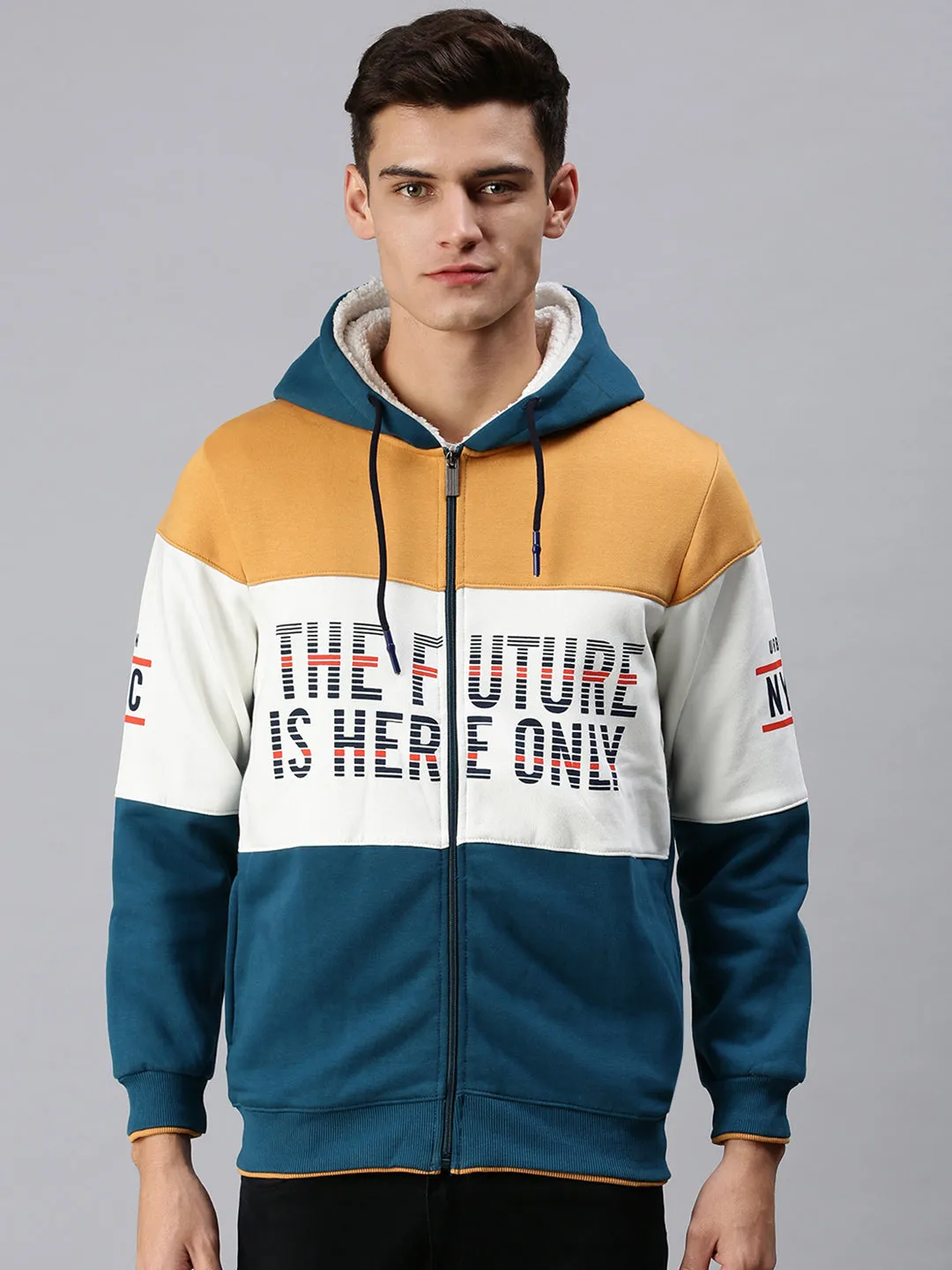 Men Blue Colourblocked Hooded Sweatshirt