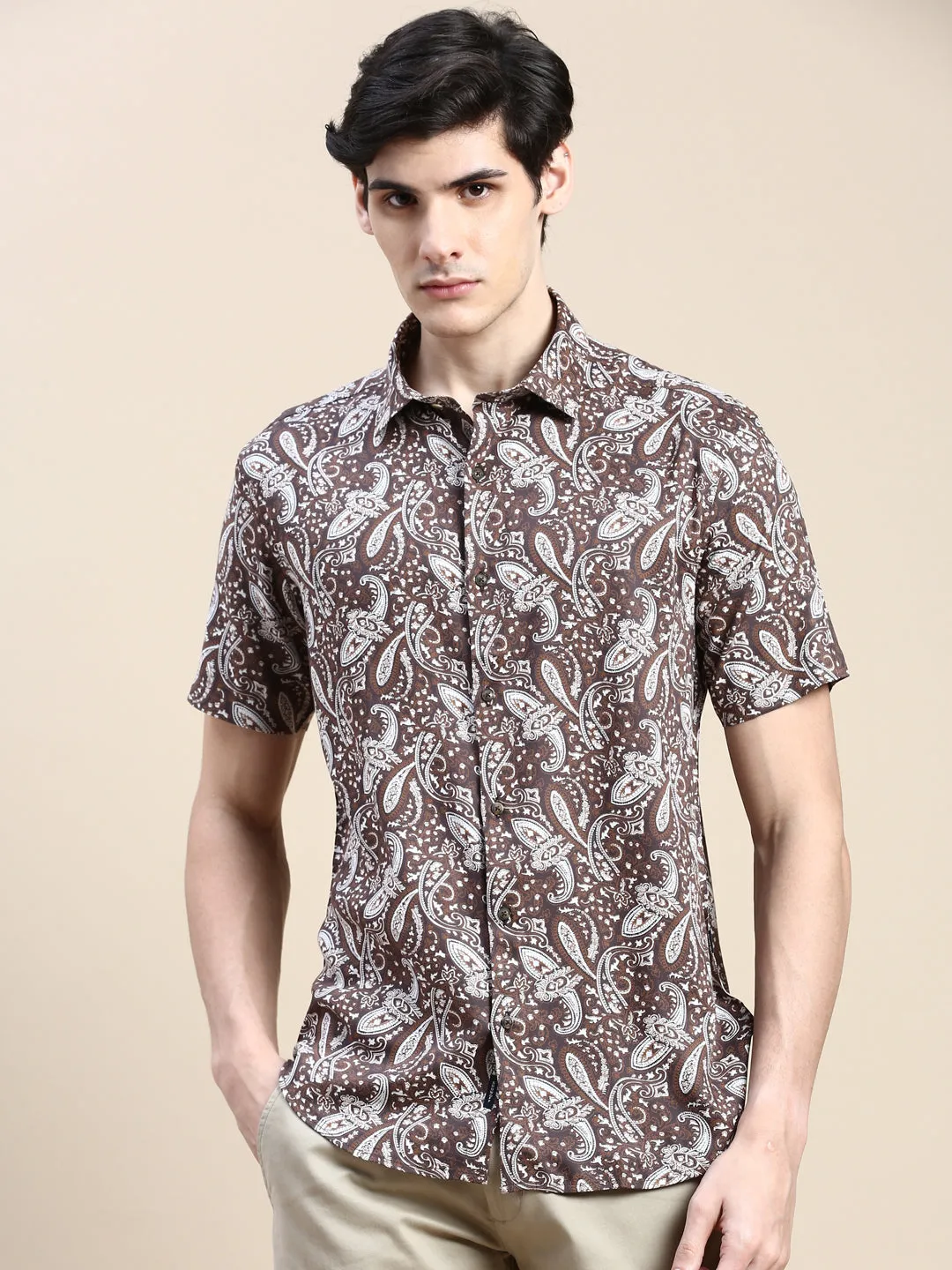 Men Brown Standard Floral Printed Cotton Casual Shirt