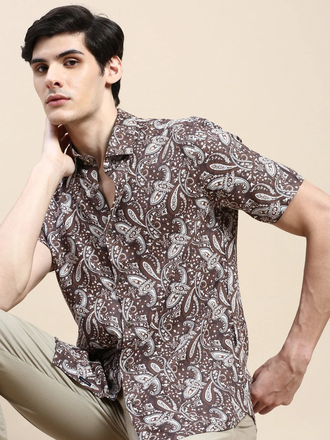 Men Brown Standard Floral Printed Cotton Casual Shirt