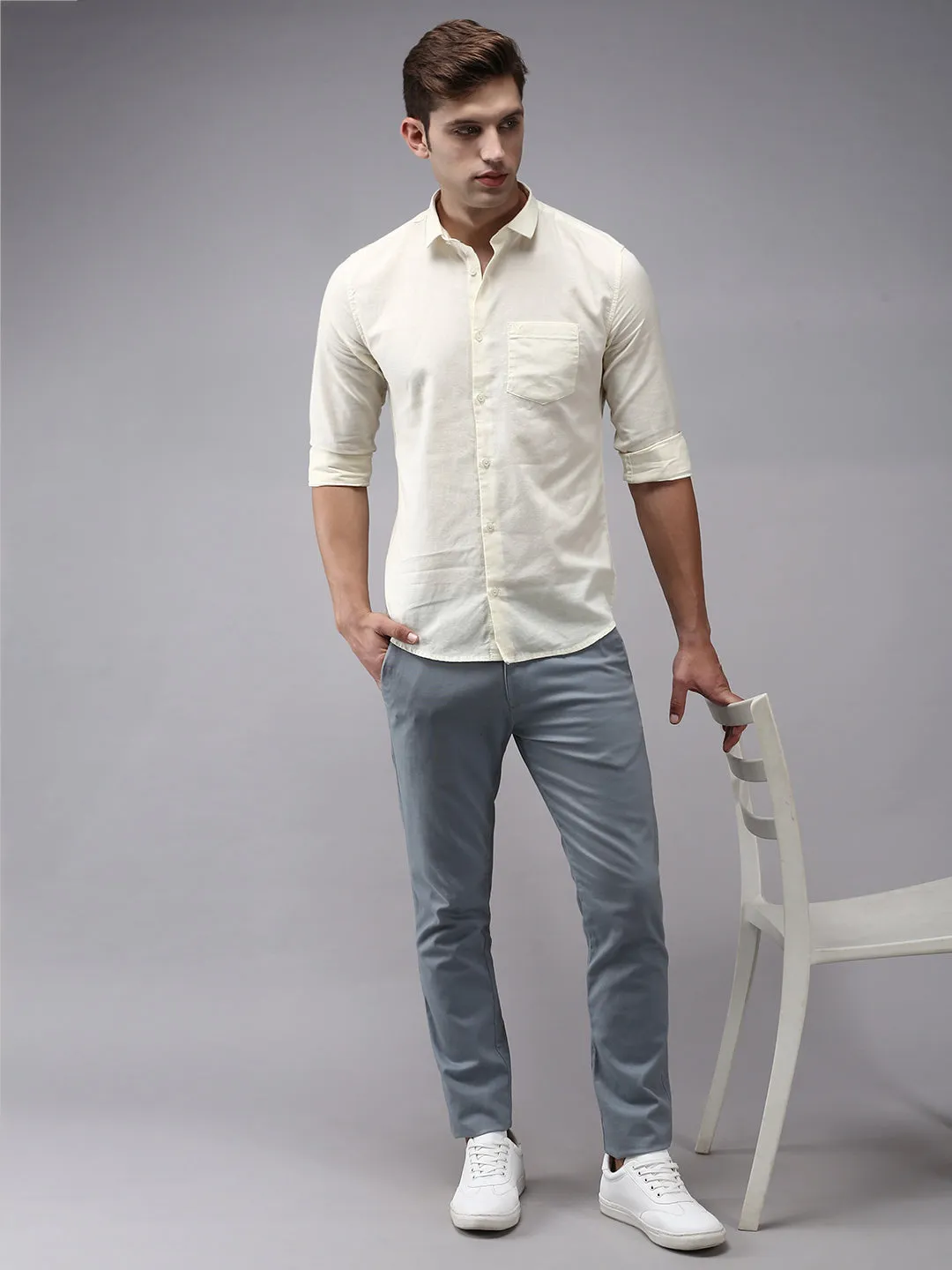 Men Cream Classic Cotton Casual Shirt