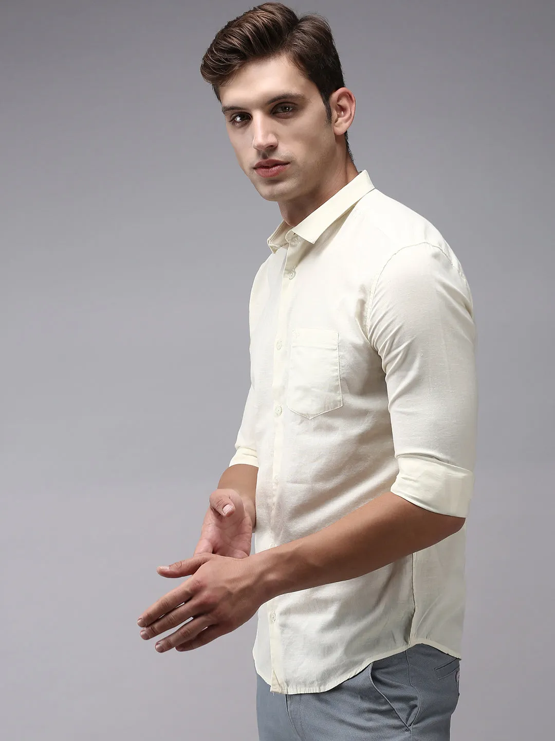 Men Cream Classic Cotton Casual Shirt