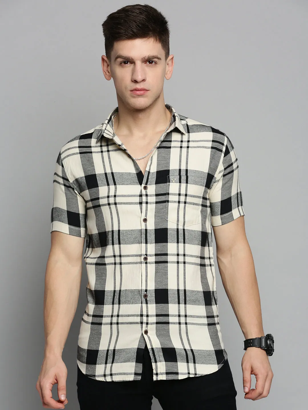 Men Cream Classic Fit Tartan Checks Twill Weave Cotton Casual Shirt