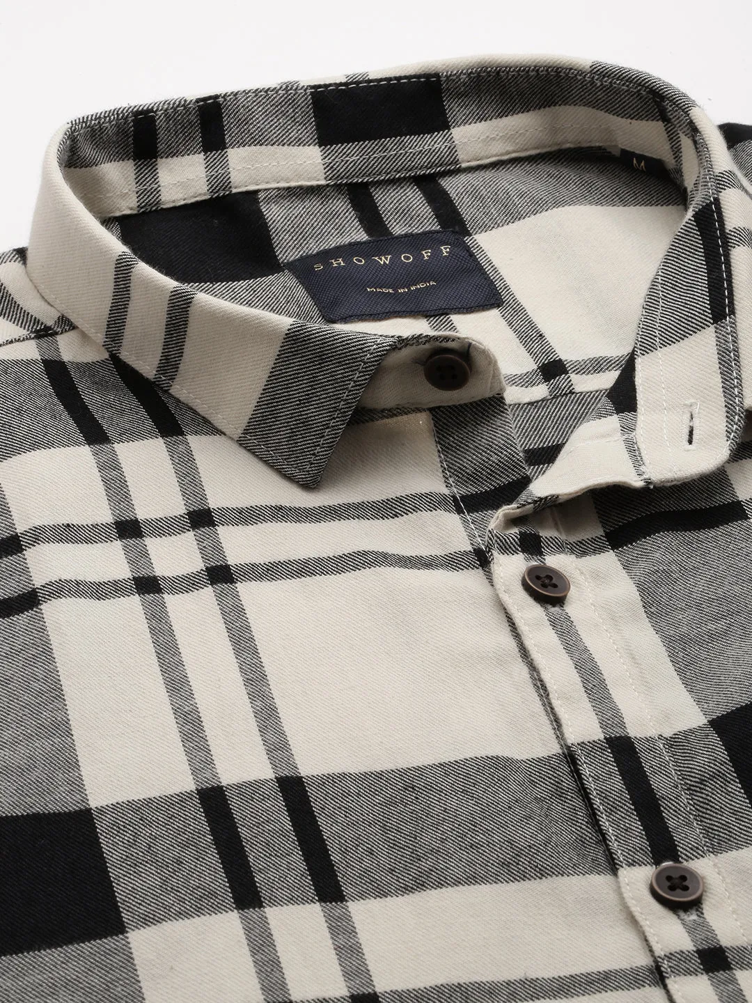 Men Cream Classic Fit Tartan Checks Twill Weave Cotton Casual Shirt