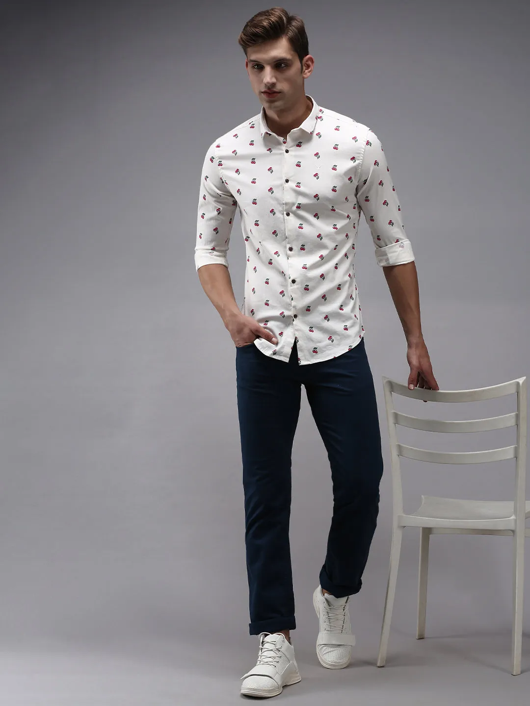 Men Cream Comfort Printed Cotton Casual Shirt