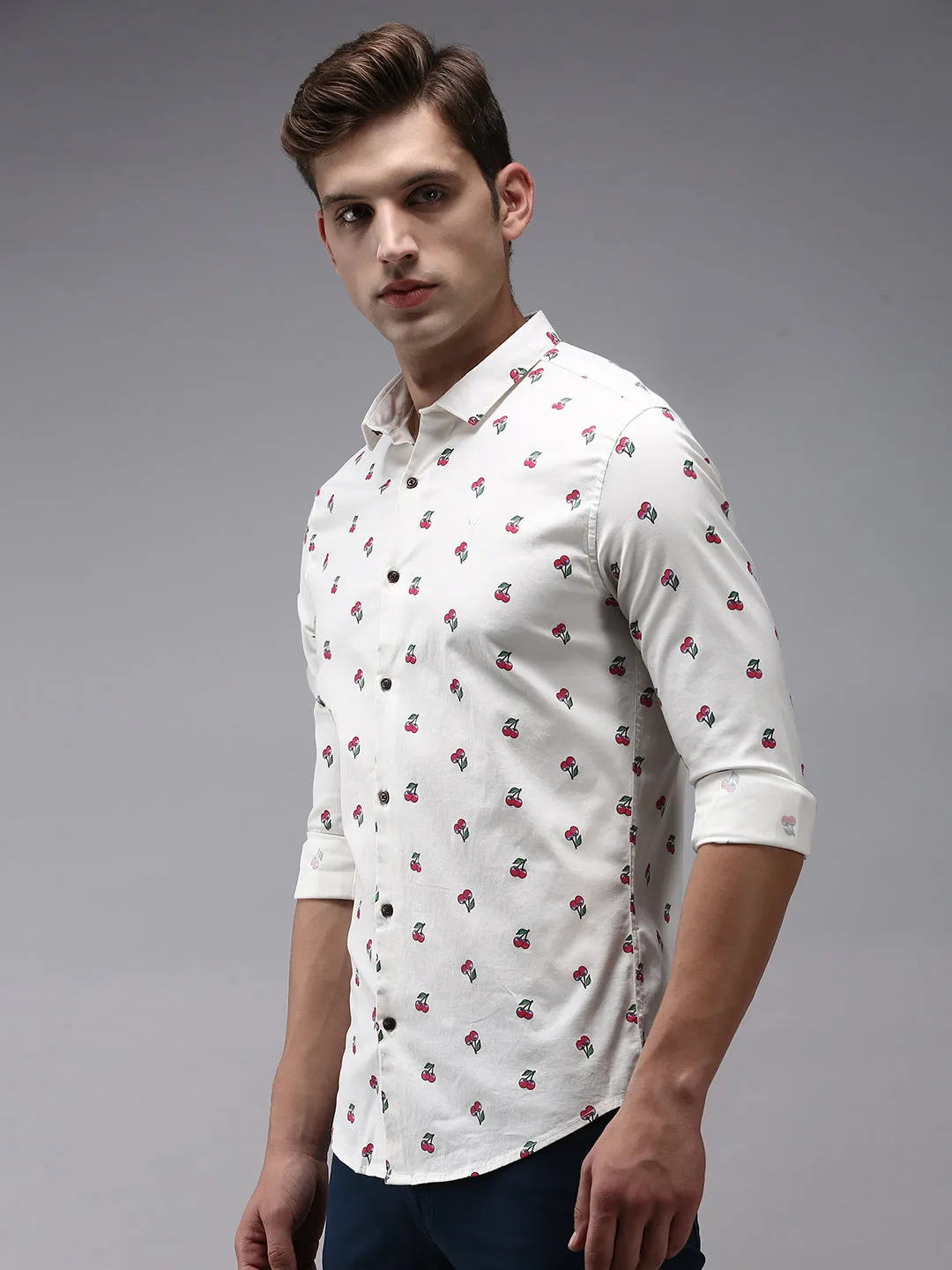 Men Cream Comfort Printed Cotton Casual Shirt