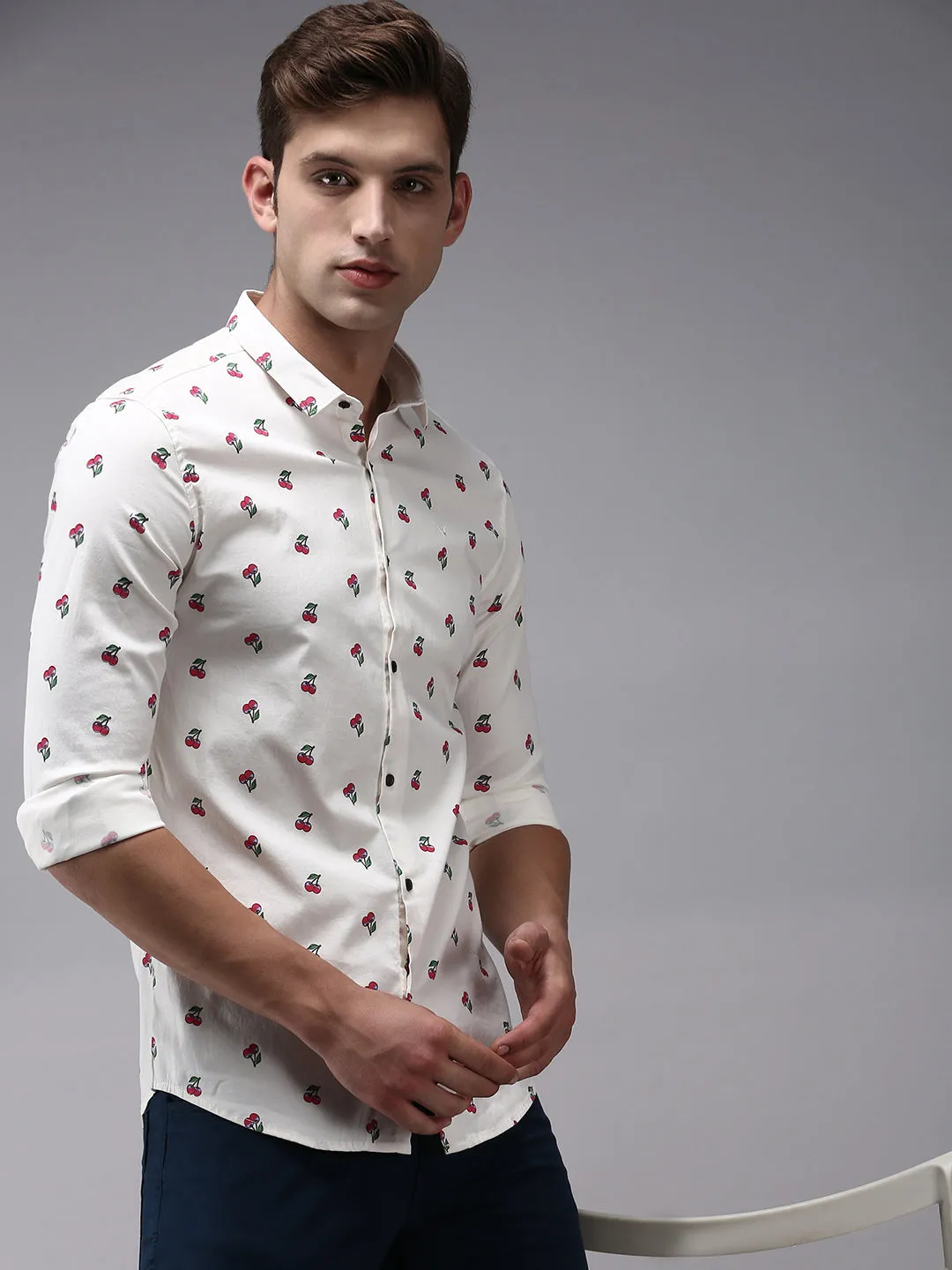 Men Cream Comfort Printed Cotton Casual Shirt