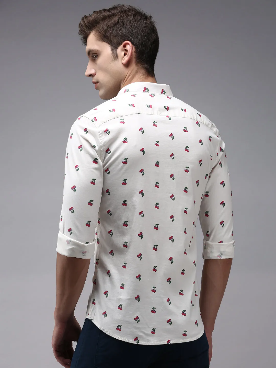 Men Cream Comfort Printed Cotton Casual Shirt