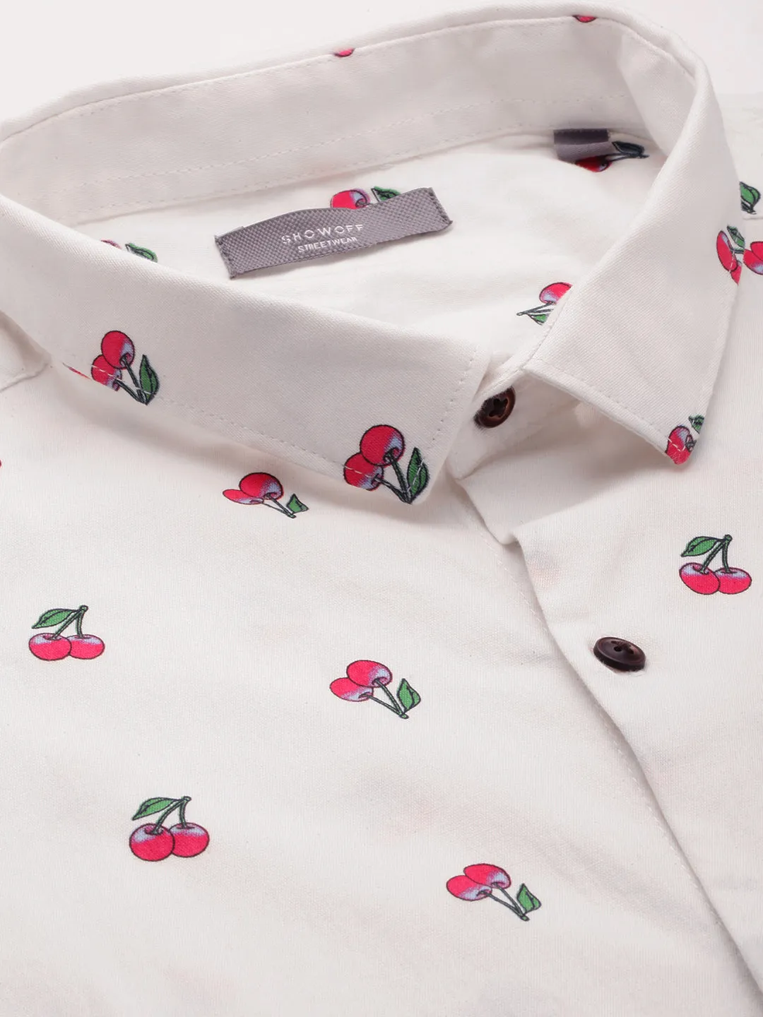 Men Cream Comfort Printed Cotton Casual Shirt