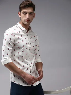 Men Cream Comfort Printed Cotton Casual Shirt
