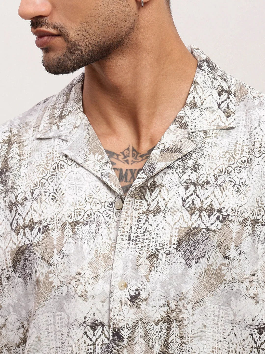 Men Cream Geometric Cuban Collar Shirt