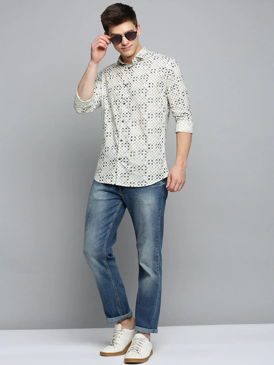 Men Cream Geometric Printed Cotton Casual Shirt