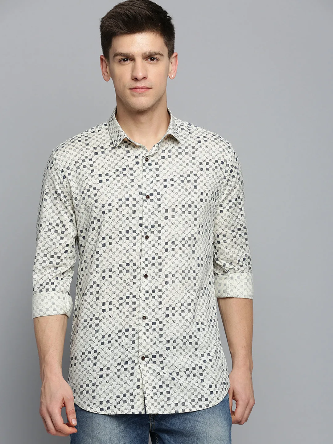 Men Cream Geometric Printed Cotton Casual Shirt