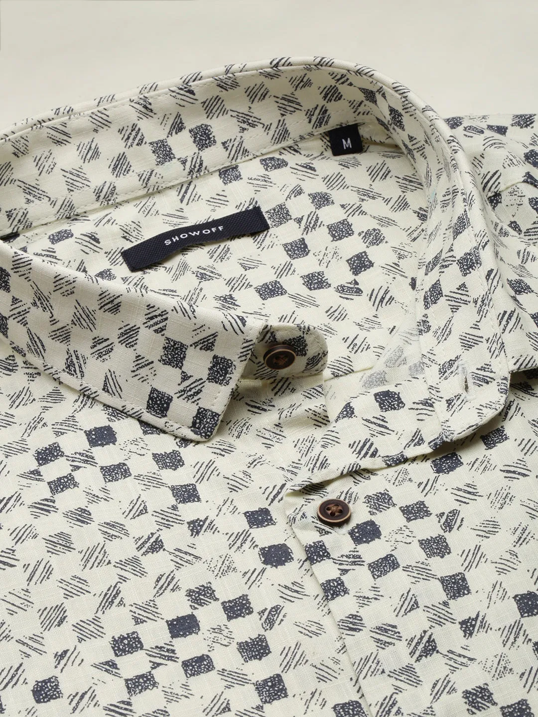 Men Cream Geometric Printed Cotton Casual Shirt