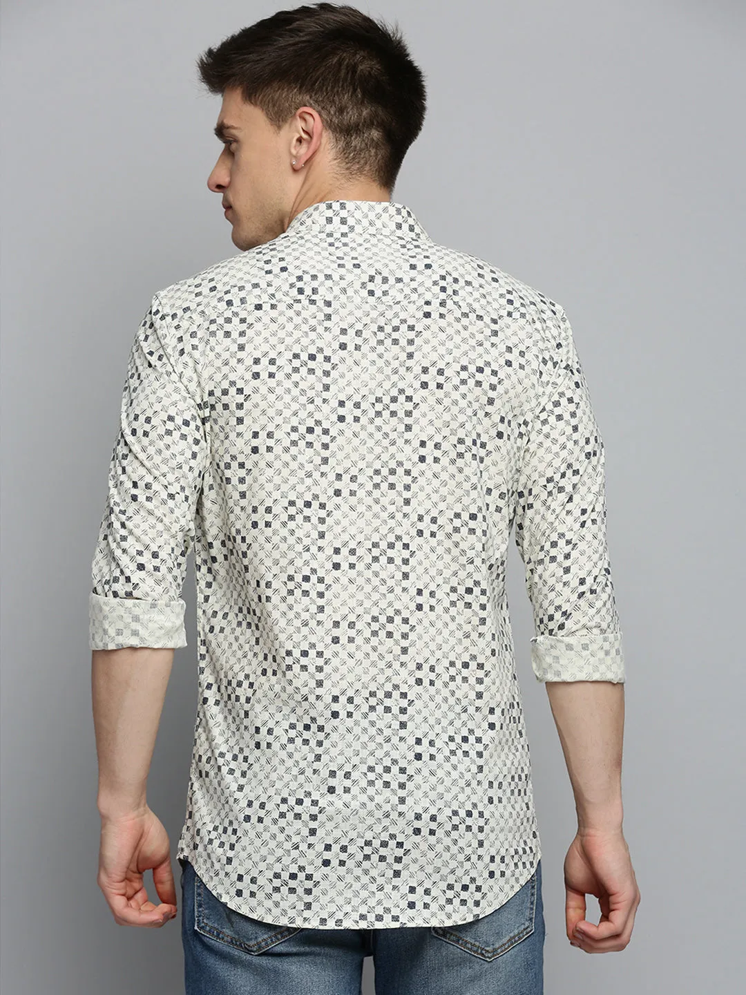 Men Cream Geometric Printed Cotton Casual Shirt