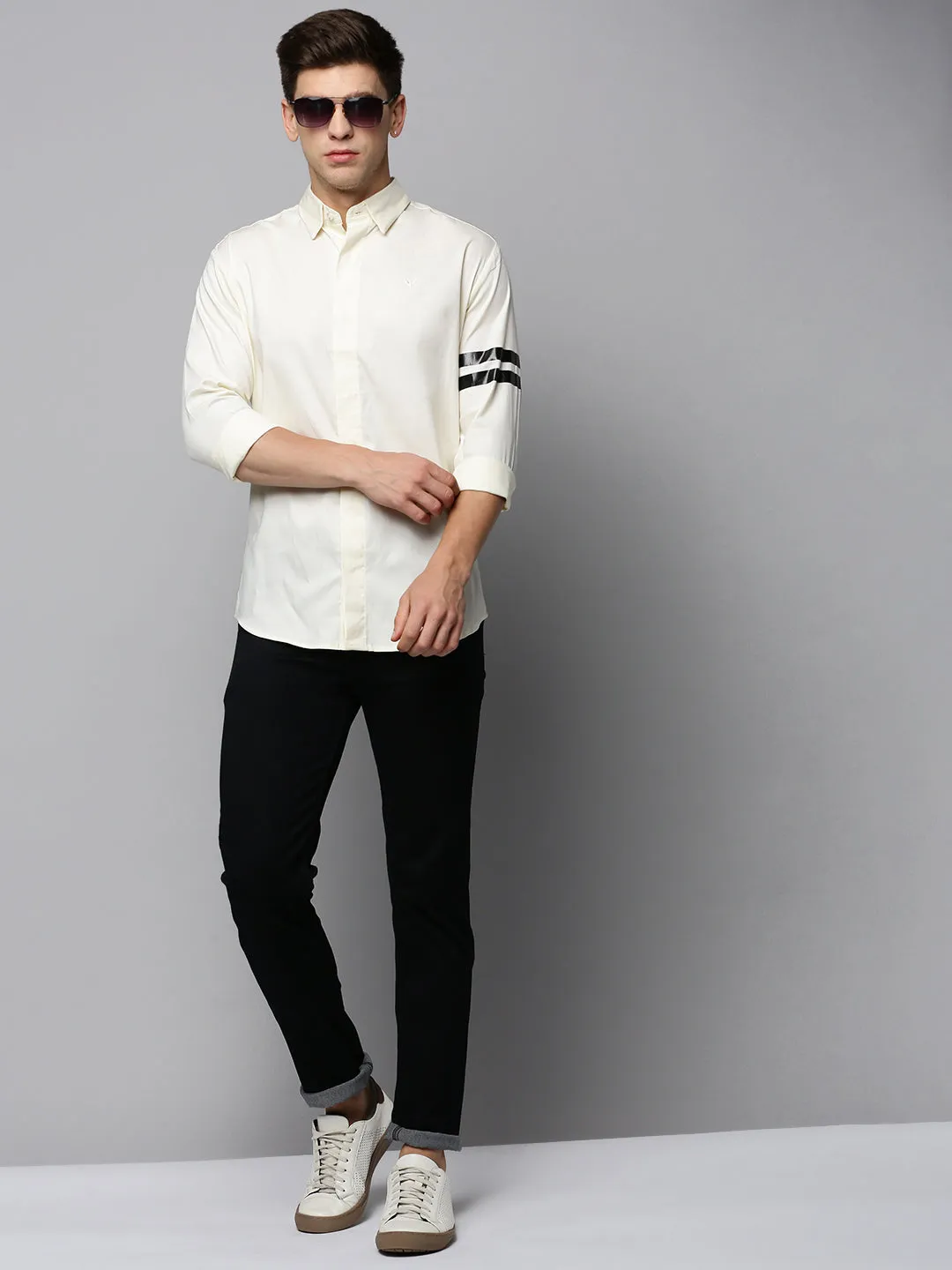 Men Cream Mandarin Collar Comfort Cotton Casual Shirt