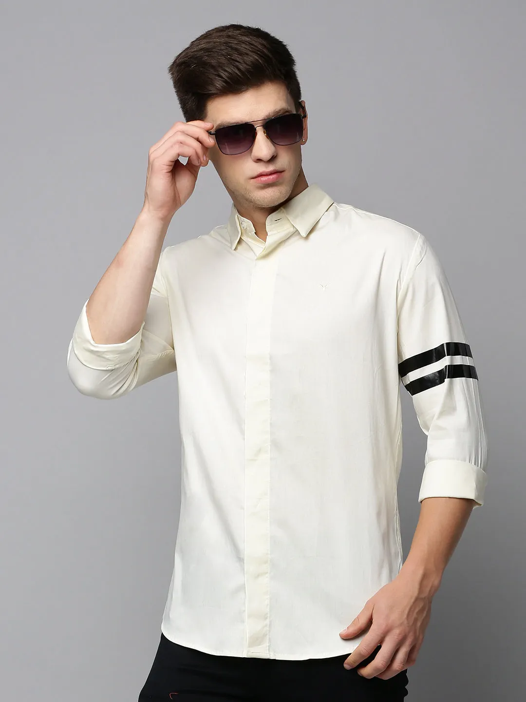 Men Cream Mandarin Collar Comfort Cotton Casual Shirt