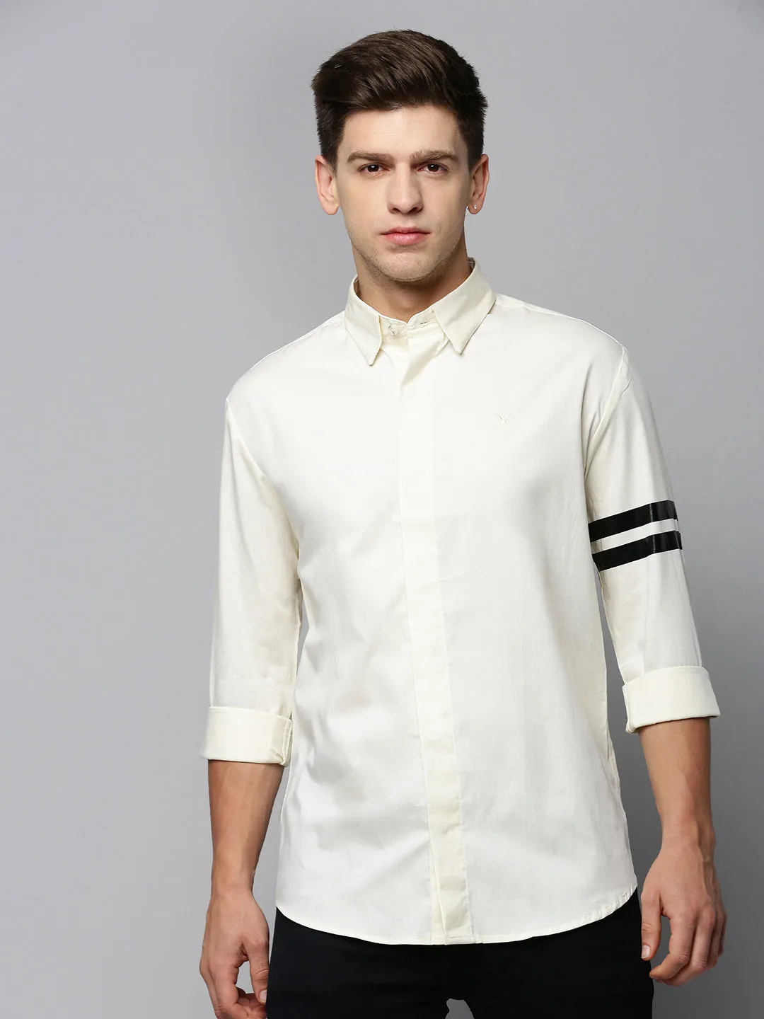 Men Cream Mandarin Collar Comfort Cotton Casual Shirt