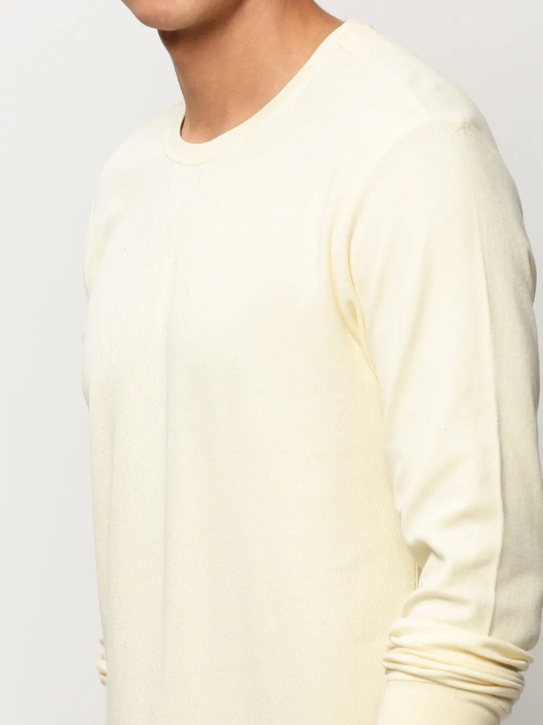 Men Cream Round Neck Long Sleeves Cotton Pullover