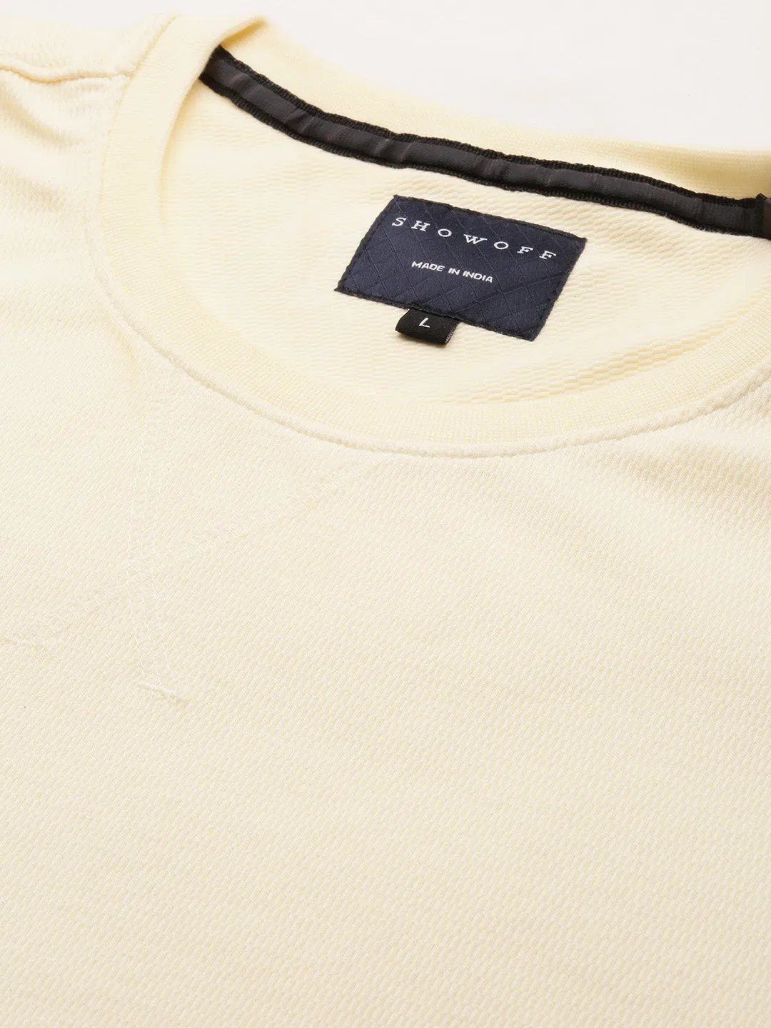 Men Cream Round Neck Long Sleeves Cotton Pullover