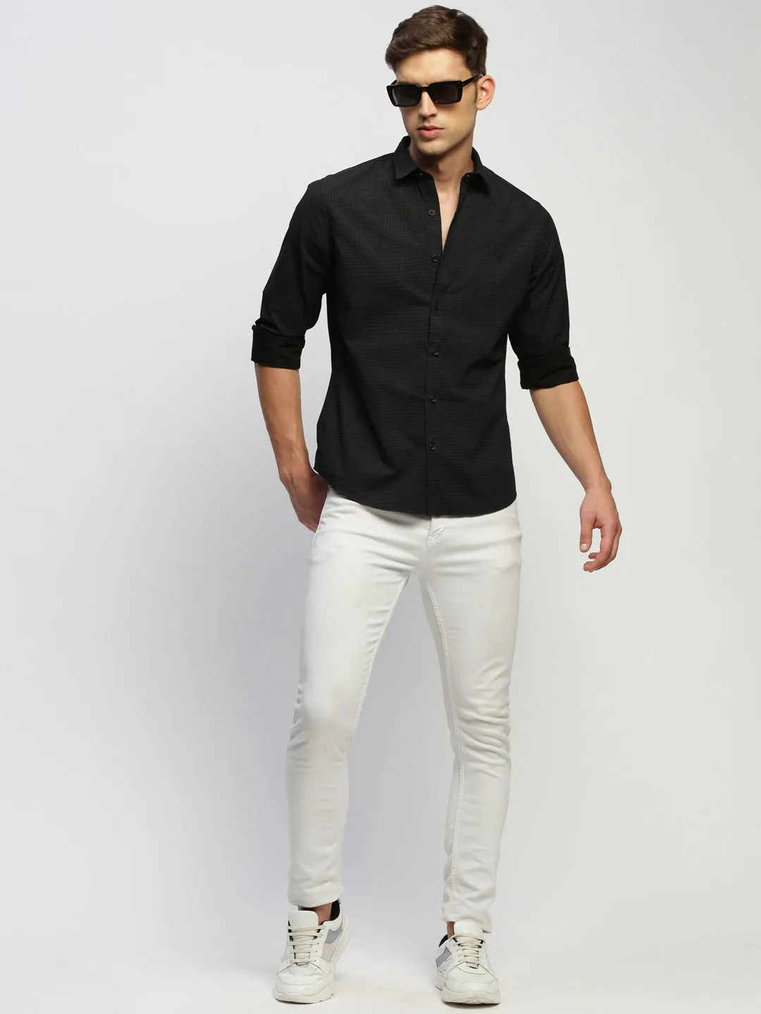 Men Dark Grey Micro Checked Premium Slim Fit Cotton Casual Shirt