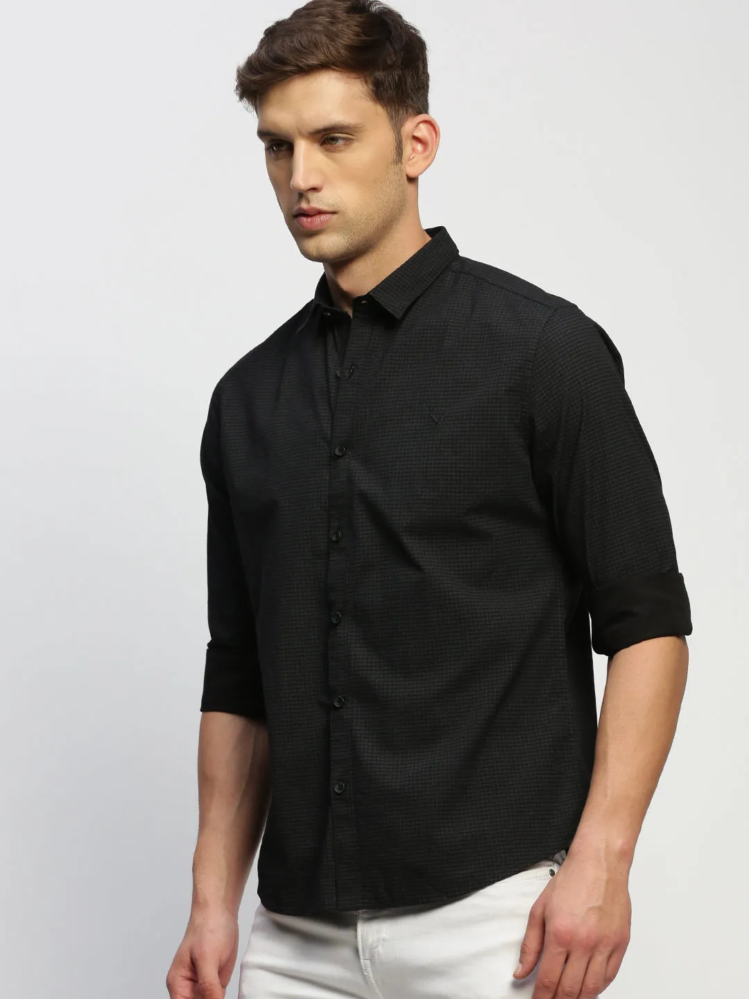 Men Dark Grey Micro Checked Premium Slim Fit Cotton Casual Shirt