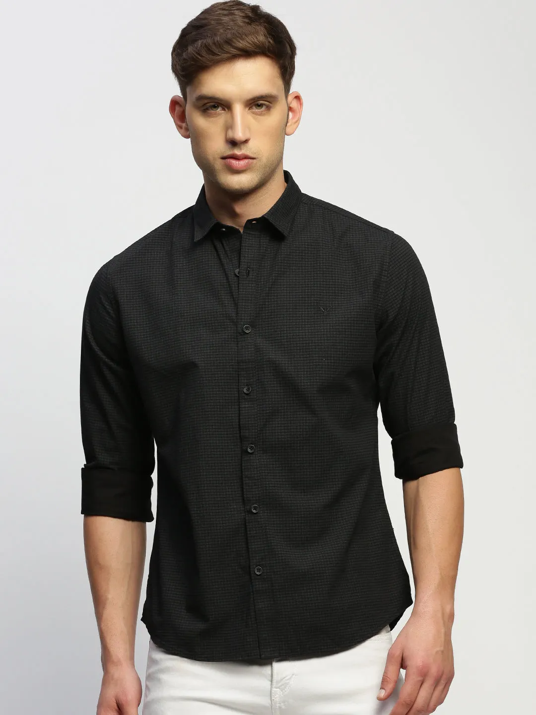 Men Dark Grey Micro Checked Premium Slim Fit Cotton Casual Shirt