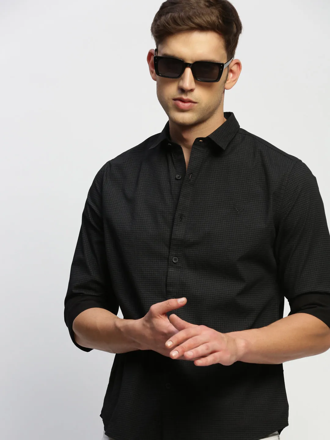 Men Dark Grey Micro Checked Premium Slim Fit Cotton Casual Shirt