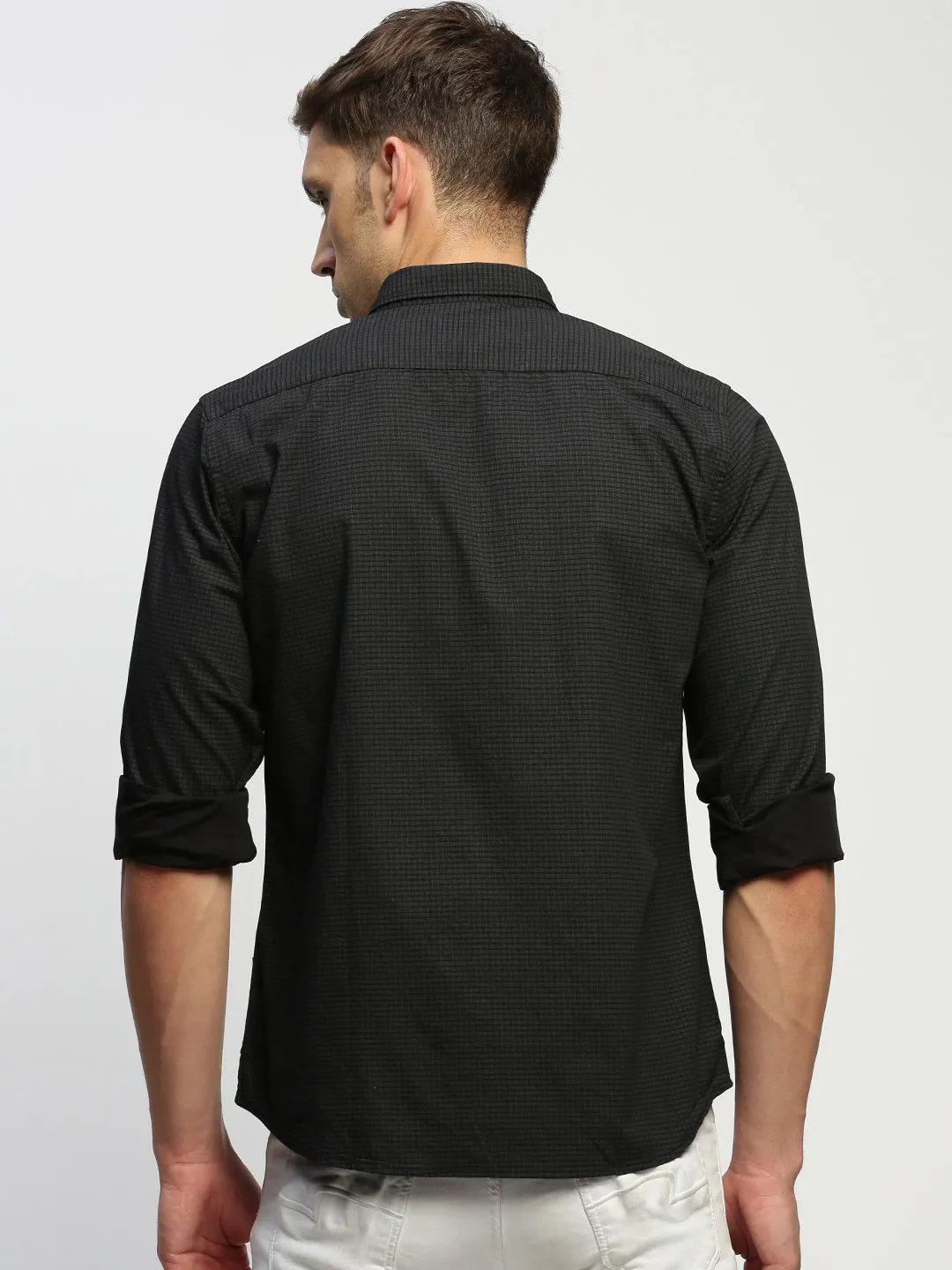 Men Dark Grey Micro Checked Premium Slim Fit Cotton Casual Shirt