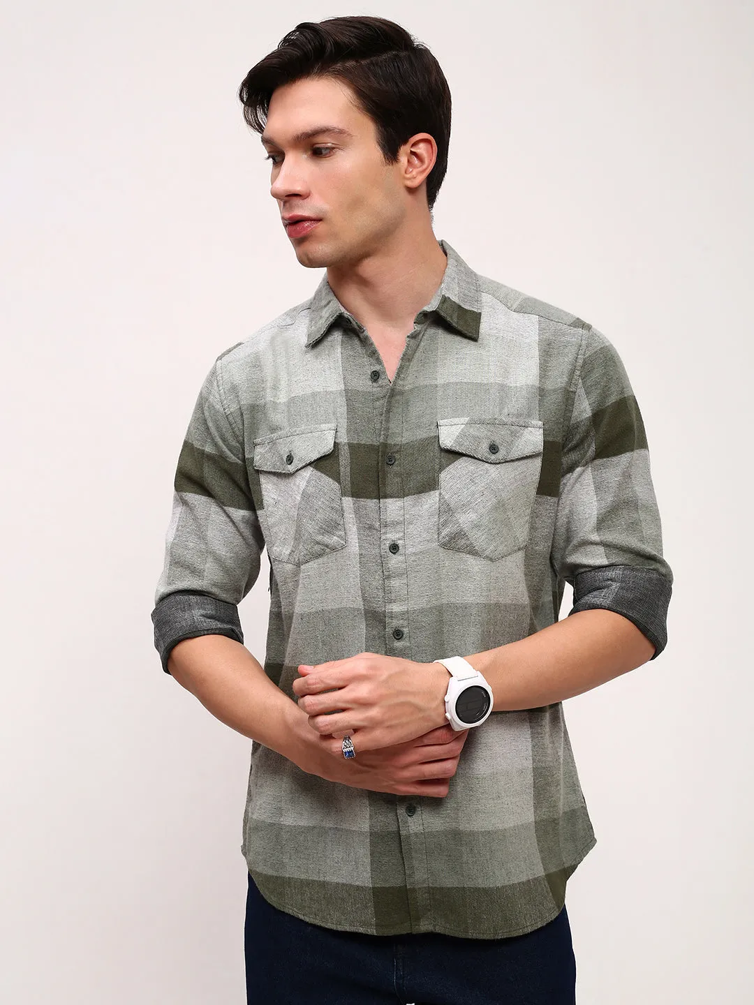 Men Green Checked Slim Fit Shirt