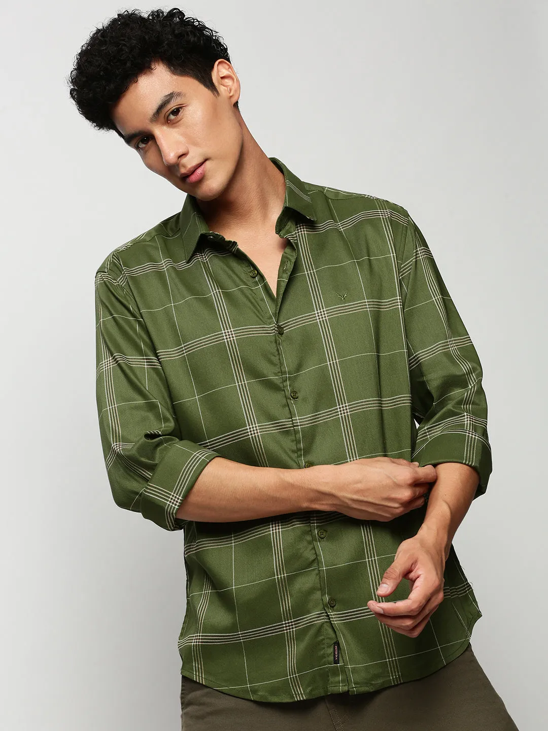Men Green Premium Slim Fit Windowpane Checked Cotton Casual Shirt