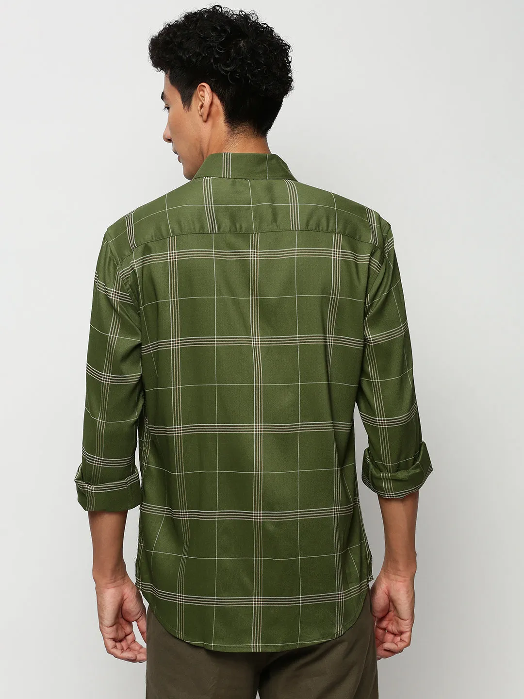 Men Green Premium Slim Fit Windowpane Checked Cotton Casual Shirt