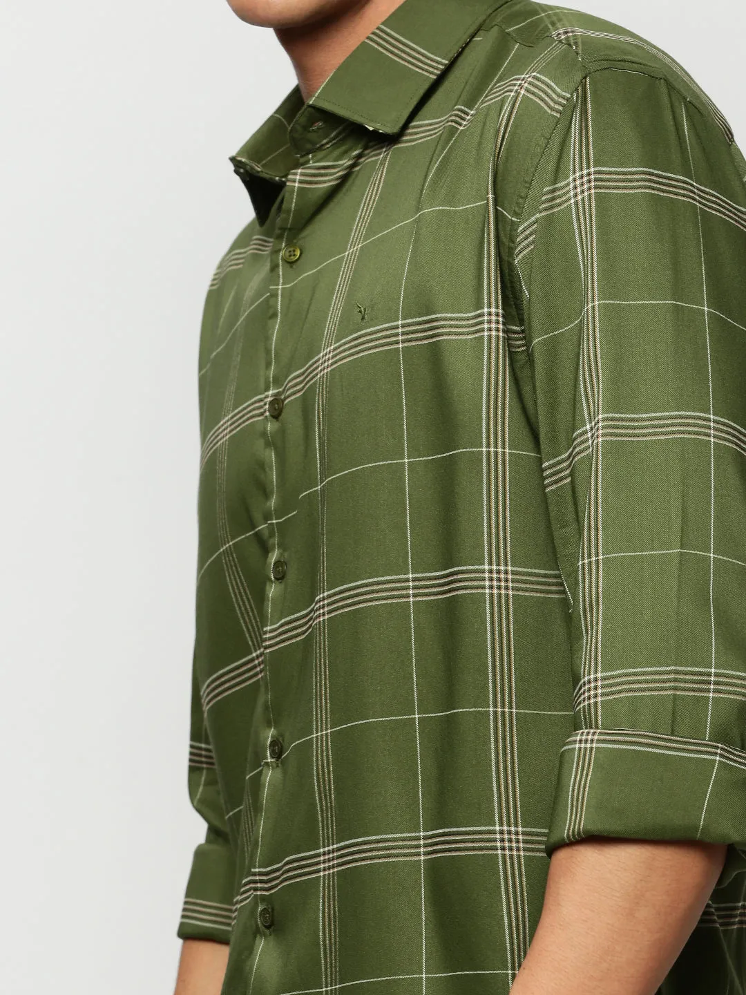 Men Green Premium Slim Fit Windowpane Checked Cotton Casual Shirt