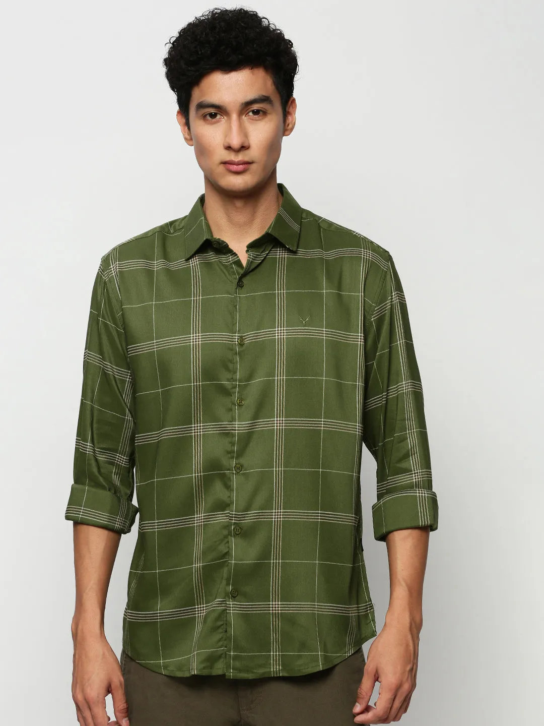 Men Green Premium Slim Fit Windowpane Checked Cotton Casual Shirt