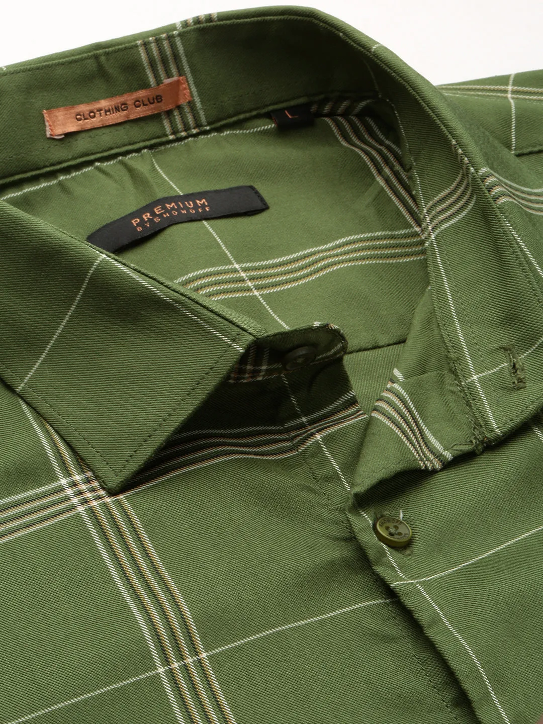 Men Green Premium Slim Fit Windowpane Checked Cotton Casual Shirt