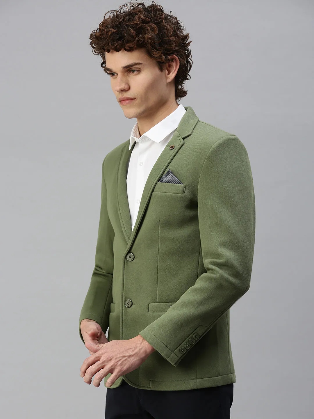 Men Green Solid Single Breasted Blazer