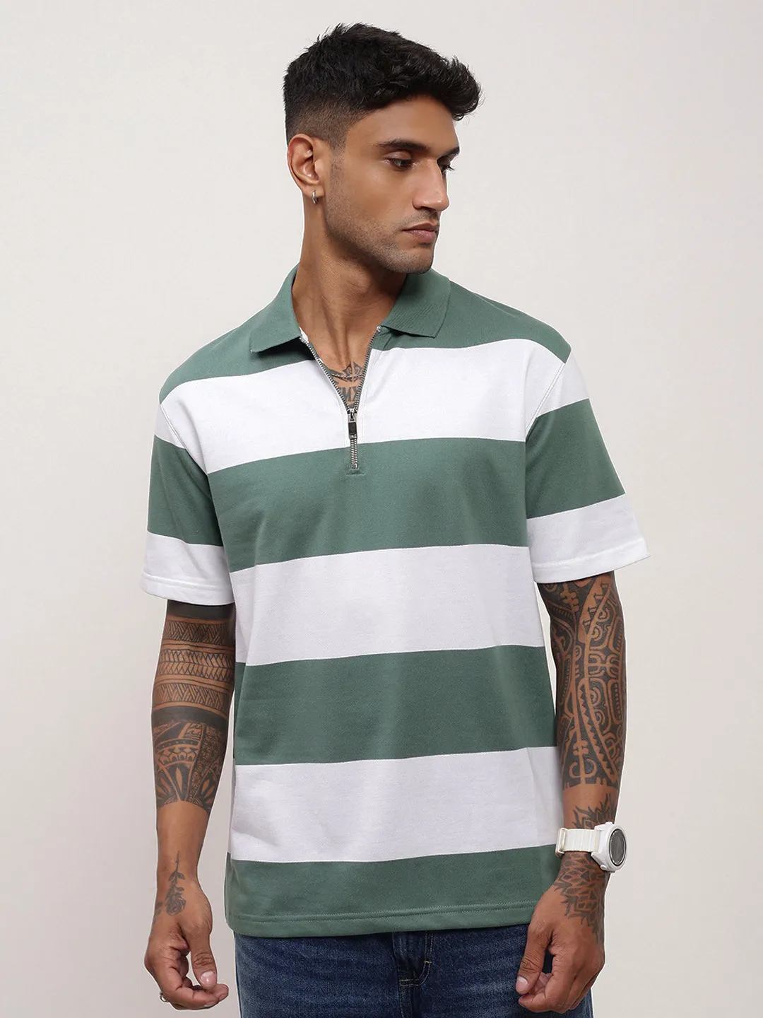 Men Green Striped T Shirt