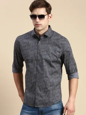 Men Grey Abstract Printed Premium Slim Fit Cotton Casual Shirt