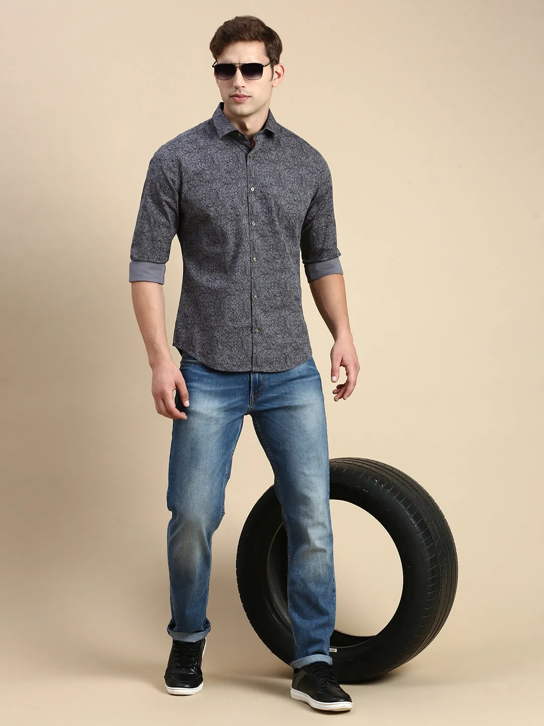 Men Grey Abstract Printed Premium Slim Fit Cotton Casual Shirt