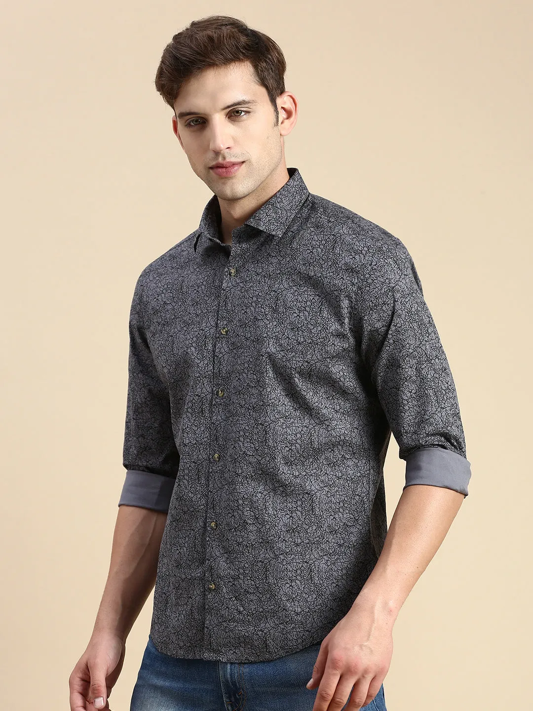 Men Grey Abstract Printed Premium Slim Fit Cotton Casual Shirt