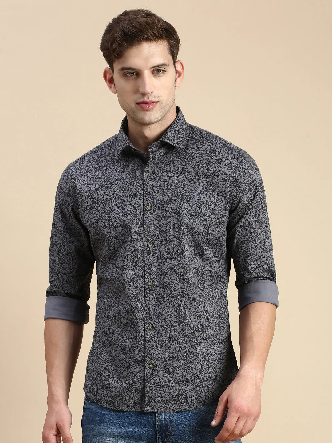 Men Grey Abstract Printed Premium Slim Fit Cotton Casual Shirt